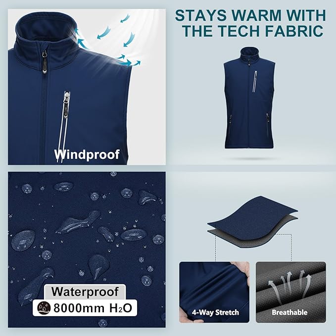 33,000ft Men's Windproof Lightweight Golf Vest Outerwear with Pockets, Softshell Sleeveless Jacket for Running Hiking Sports