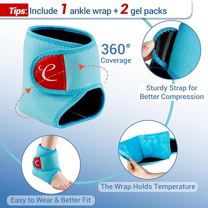 Comfytemp Ankle Ice Pack Wrap Brace for Swelling, Foot Pain Relief, HSA Store, 2 Gel Packs for Injuries Reusable, Hot Cold Compress for Plantar Fasciitis, Heel Spur, Achilles Tendonitis, Surgery Gift
