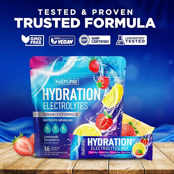 Electrolytes Powder Hydration Packets – Recovery Drink Mix with Sodium, Potassium, Magnesium, Calcium, Vitamin C & Zinc – Sugar Free, Keto, Non GMO & Vegan – Strawberry Lemonade – 16 Sticks