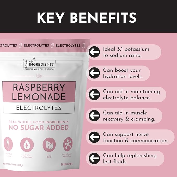 Raspberry Lemonade Electrolytes – 30‑Serving Hydration Drink Mix with Coconut Water, Essential Minerals & Real Fruit Flavors – Sweetened with Monk Fruit & Stevia – No Artificial Ingredients