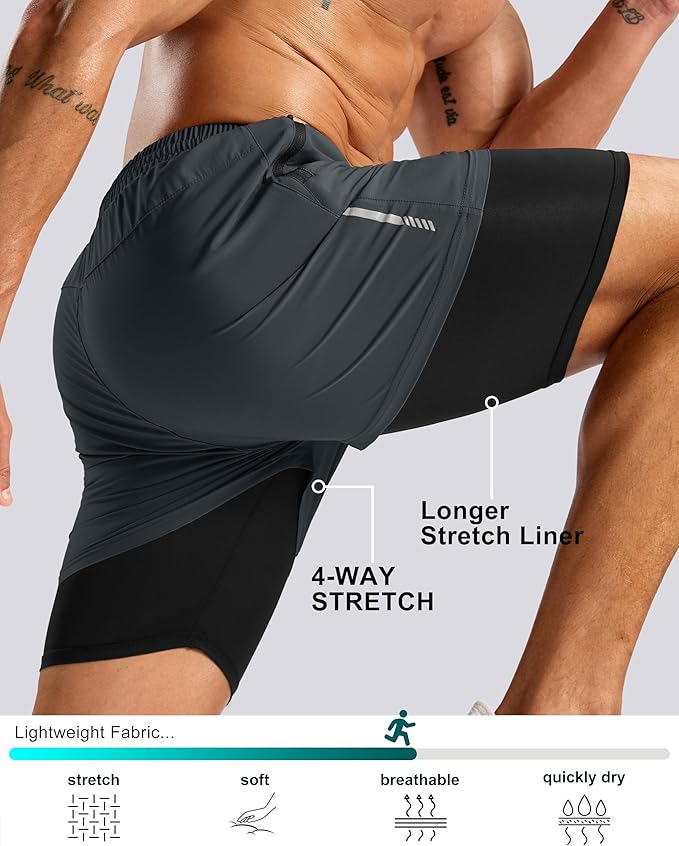 Pudolla Men's 7" Running Shorts with Zipper Pockets Quick Dry 2 in 1 Workout Gym Shorts with Liner for Tennis Yoga Training