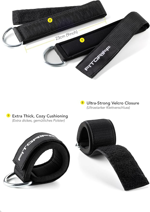 Fitgriff® Ankle Straps V2 for Cable Machine (2 Pieces) - Gym Workout Equipment - Leg Pulley Attachment, Kickback Straps