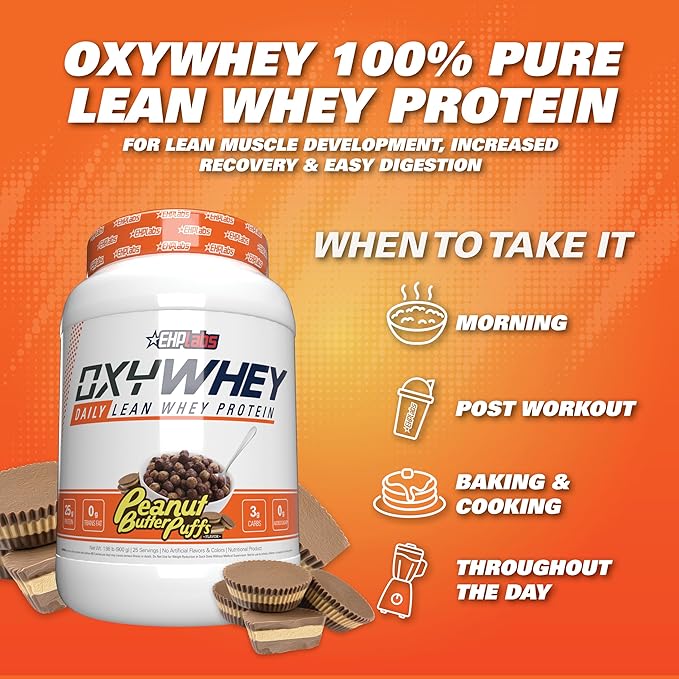 EHP Labs OxyWhey Whey Protein Isolate – 25g High Protein, Low Carb, Sugar Free Meal Replacement – Lean Whey Powder for Muscle Recovery – Non-GMO, Gluten Free – 25 Serves – Peanut Butter Puffs