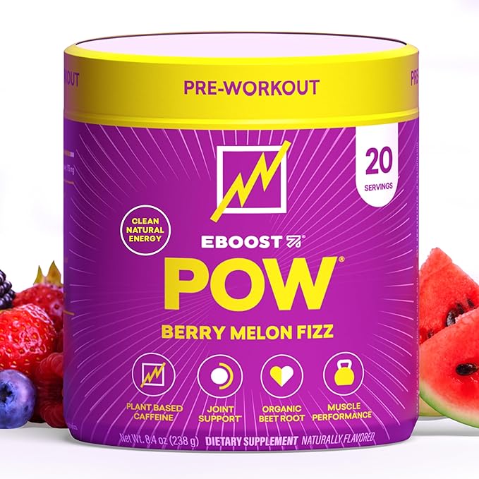 EBOOST POW Natural Pre Workout Powder - 20 Servings - Berry Melon Fizz - Pre Workout Supplement for Performance, Joint Mobility Support, Energy, Focus - Men & Women - Non-GMO, Gluten-Free, No Creatine