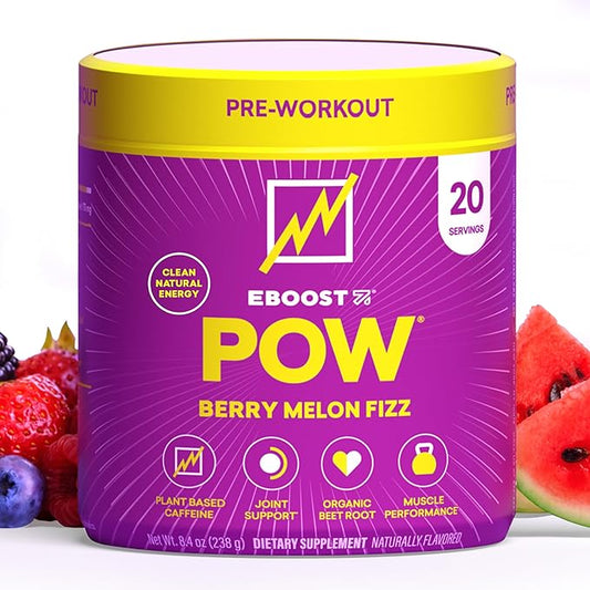 EBOOST POW Natural Pre Workout Powder - 20 Servings - Berry Melon Fizz - Pre Workout Supplement for Performance, Joint Mobility Support, Energy, Focus - Men & Women - Non-GMO, Gluten-Free, No Creatine