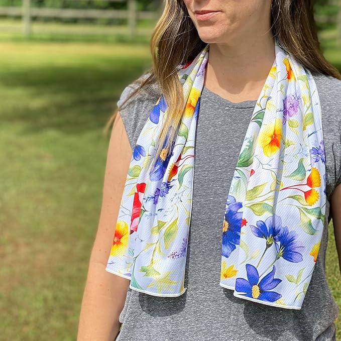 SHAKEitCOOL Extended Size Cooling Towel โ Be Cool in Style - Heat Relief, Soft, Lightweight, Sun Protection, Easy Clean - Perfect for Biking, Hiking, Running, Yoga, Golf, Gardening - Summer Flower M