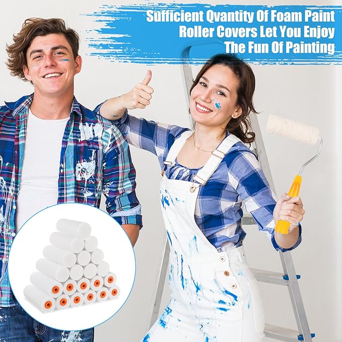 100 Pcs 4 Inch Foam Paint Roller with 2 Handles, Mini High Density Foam Roller Refills Paint Edger Tool for Walls Brings Smooth Finishes Flat Surfaces (White)