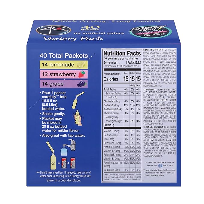 4C Energy Rush PSD with Electrolytes Variety Pack Stix, 40 ct (14 Lemonade, 12 Strawberry/14 Grape)