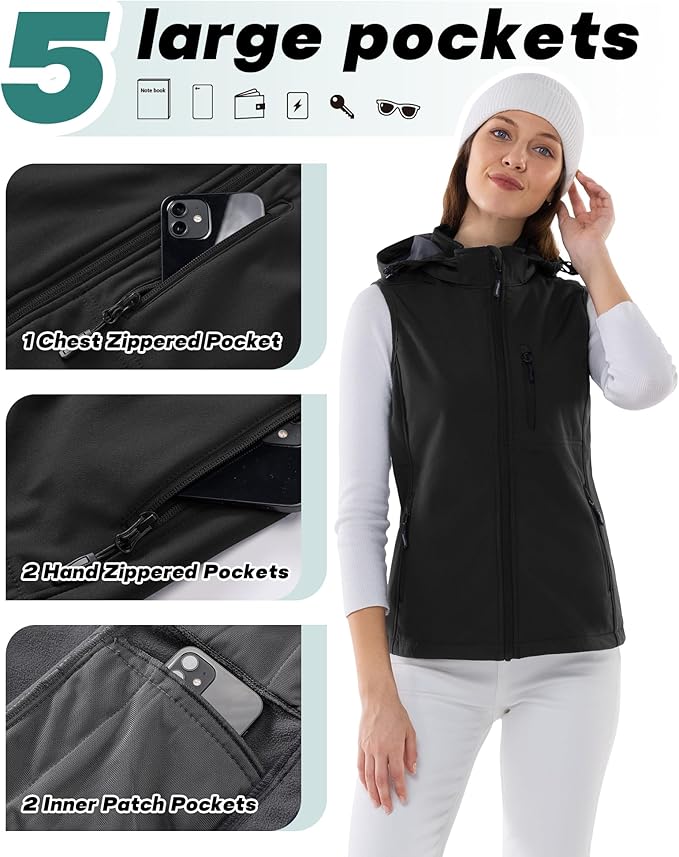 Outdoor Ventures Women's Hooded Lightweight Softshell Vest, Windproof Fleece Lined Sleeveless Jacket for Golf Running Travel