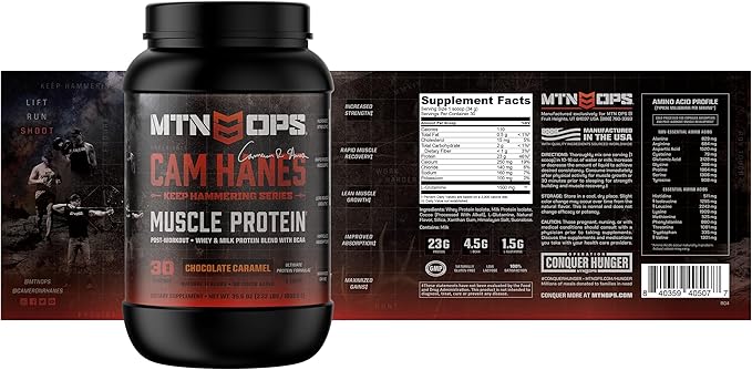MTN OPS Cameron Hanes Keep Hammering Whey Protein Powder, Chocolate Caramel Flavor, 30 Servings