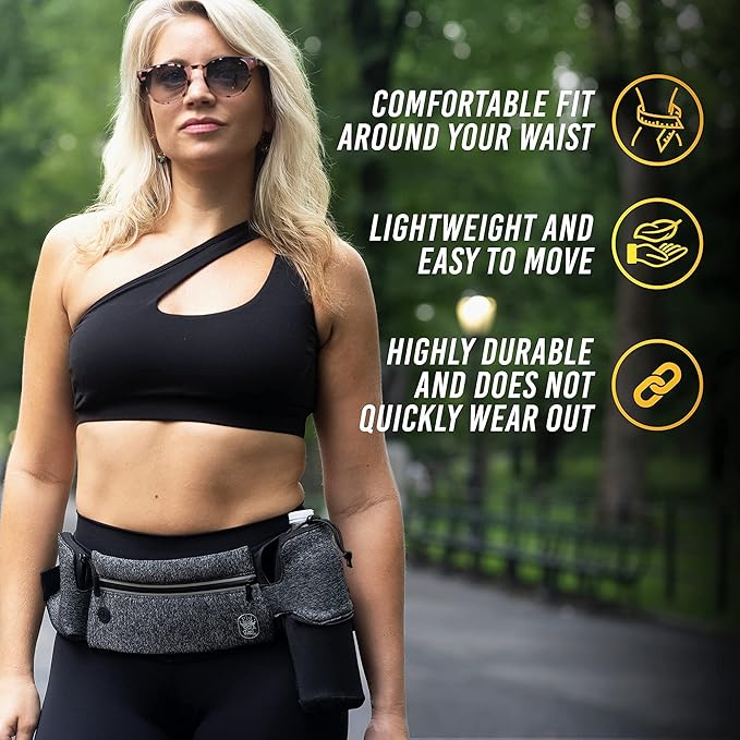 Running Belt with Water Bottle Holder - Waist Bag With Extender for Jogging, Hiking, Cycling, Walking - Dog Walker Hydration Fanny Pack - Sport Pouch iPhone Carrier for Women and Men - Gray