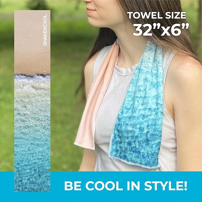 SHAKEitCOOL Original Cooling Towel โ Be Cool in Style - Heat Relief, Soft, Lightweight, Sun Protection, Easy Clean - Perfect for Biking, Running, Yoga, Gym, Gardening - Beach
