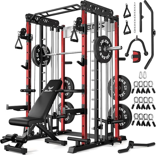 Smith Machine for Home Gym, Multi-Function M12 Power Cage with Cable Crossover System, Squat Rack with Smith Bar and More Attachment