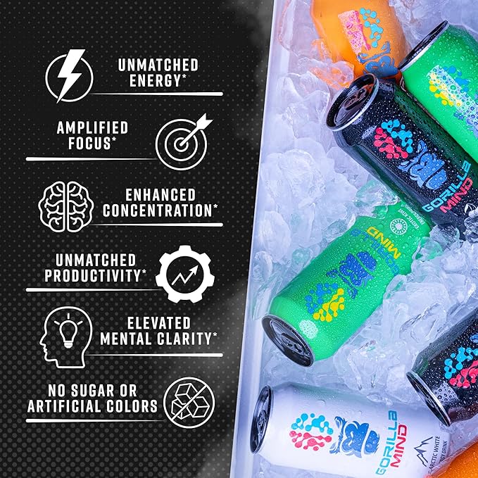 Gorilla Mind Energy Drink | Unmatched Energy · Amplified Focus | N-Acetyl-L-Tyrosine, Alpha-GPC, 200mg Caffeine, Uridine, Saffron | 0 Sugar Or Artificial Colors | 16oz, 12-Pack (Strawberry Candy)