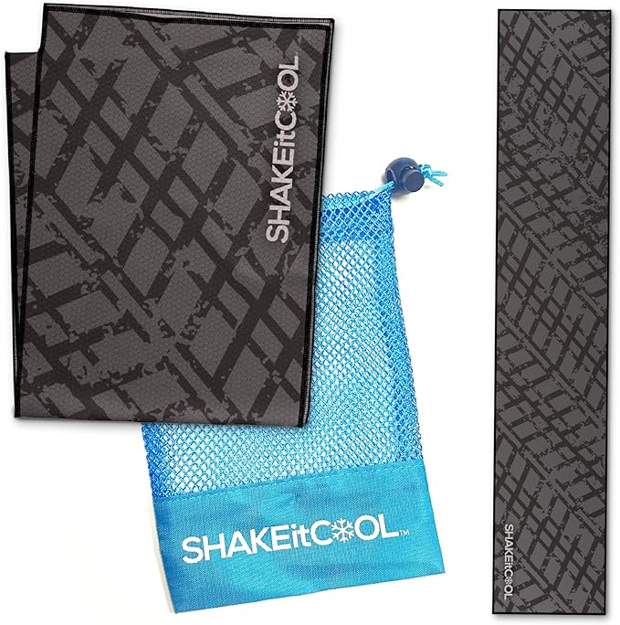 SHAKEitCOOL Original Cooling Towel โ Be Cool in Style - Heat Relief, Soft, Lightweight, Sun Protection, Easy Clean - Perfect for Biking, Running, Yoga, Gym, Gardening - Black Tread