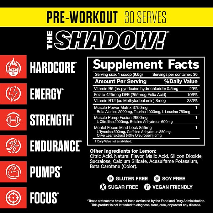 JNX SPORTS The Shadow! 350mg of Caffeine Hard Core Preworkout - Lemon 30 Servings | Electric Energy, Mental Focus & Superhuman Strength for Men & Women