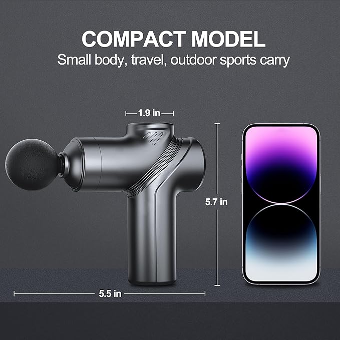 Deep Tissue Mini Massage Gun, Muscle Percussion Massager for Athletes, 4 Massages Head and 6 Speeds for Pain Relief, Grey