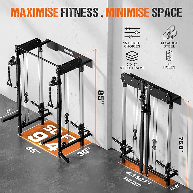 WM3-V4 Folding Squat Rack, Wall Mounted Power Rack with Dual Independent Pulley System, Functional Trainer with 5 Adjustable Function Modes for Space Saving