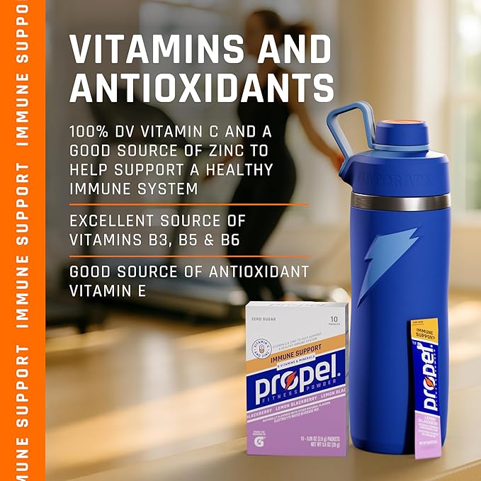 Propel Immune Support Electrolyte Enhanced Water Drink Mix Powder Packets, Lemon Blackberry, 100% DV Vitamin C, Good source of Zinc, Zero Sugar Hydration with Electrolytes and Vitamins (120 Packets)