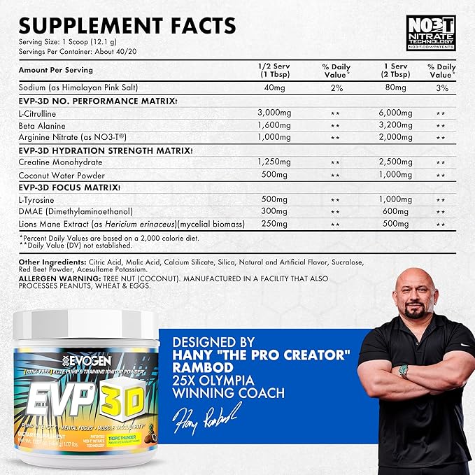 Evogen EVP 3D - Stim Free Pre Workout Powder for Men & Women | Sugar Free Non Stim Preworkout with Beta Alanine and Creatine for Energy & Pump | Tropic Thunder | 40 Servings