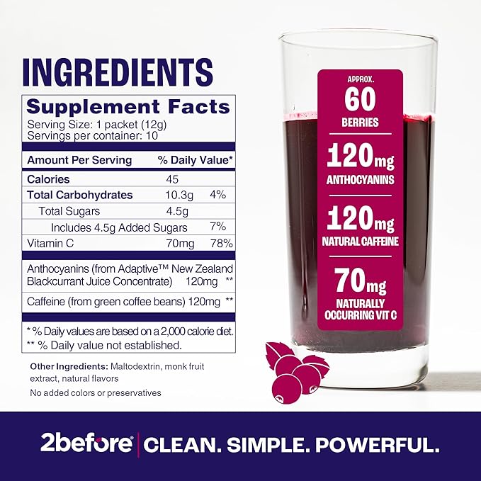 2before Blackcurrant I All Natural Vegan Pre Workout, with 120mg Caffeine I Clean Energy, Endurance, Recovery I Pre Workout Women and Men I 10 x Individual Packets I Informed Sports Certified