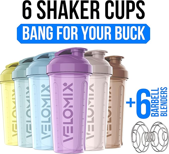 VELOMIX -6 PACK- 28 oz Protein Shaker Bottle for Protein Mixes - 6x Wire Whisk | Leak Proof Shaker Cups for Protein Shakes | Protein Shaker Bottle Pack | Protein Shake Cup (Pastel Power Series)