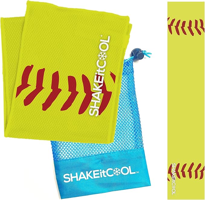 SHAKEitCOOL Original Cooling Towel โ Be Cool in Style - Heat Relief, Soft, Lightweight, Sun Protection, Easy Clean - Perfect for Biking, Running, Yoga, Gym, Gardening - Softball