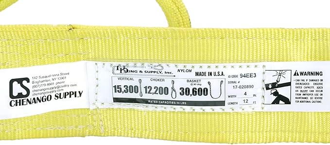 3 Ply Slings. Many Lengths in Listing! (USA Made), 4" x12' Nylon Lifting Web Sling. 15,300 lbs Vertical, 12,200 Choker, 30,600 Basket, High Capacity Eye & Eye (4" x12')