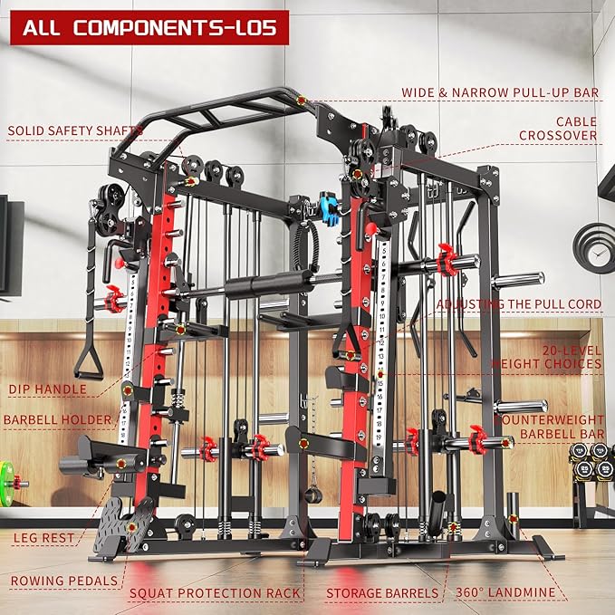 Smith Machine with Cable Crossover System, Multi-Function Squat Rack Power Cage for Home Gym, Power Rack and Packages Weight Sets