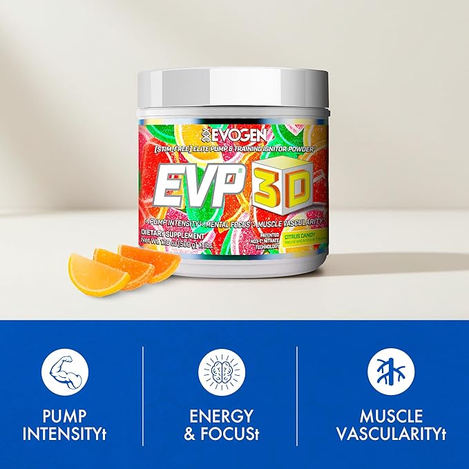 Evogen EVP 3D - Stim Free Pre Workout Powder for Men & Women | Sugar Free Non Stim Preworkout with Beta Alanine and Creatine for Energy & Pump | Citrus Candy | 40 Servings