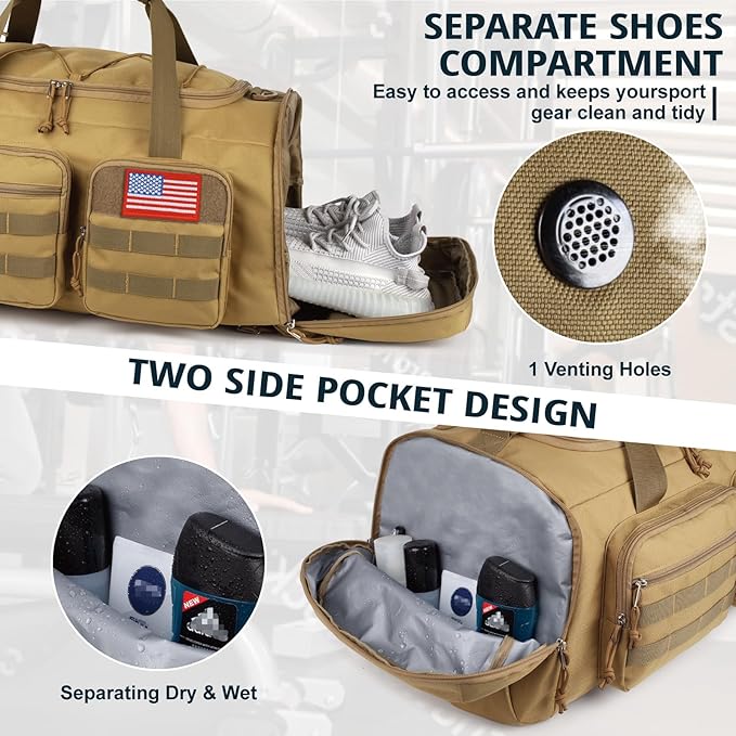 Tactical Gym Bag for Men,50L Large 3 in 1 Sports Duffle Bag with Shoes Compartment for Travel,Water Resistant Travel Backpack Weekender Overnight Bag with Wet Pocket for Women