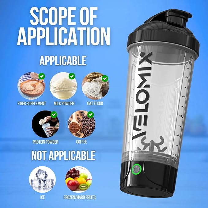 VELOMIX Electric Protein Shaker Bottle - 24 oz | USB-C Rechargeable | Leak Proof Shaker Cups for Protein Shakes | Portable Blender for Shakes and Smoothies (Electric-Transparent)