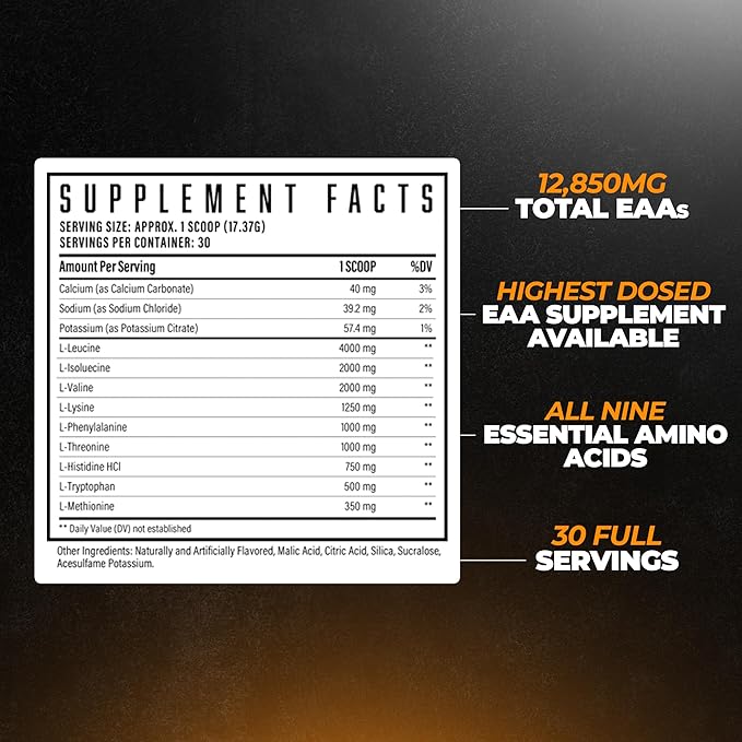 Huge EAA Supplement, Highest Dosed Essential Amino Acid Powder, 12.8g EAAs & 8g BCAAs Per Serving, Muscle Growth, Recovery & Performance (Peach Mango)