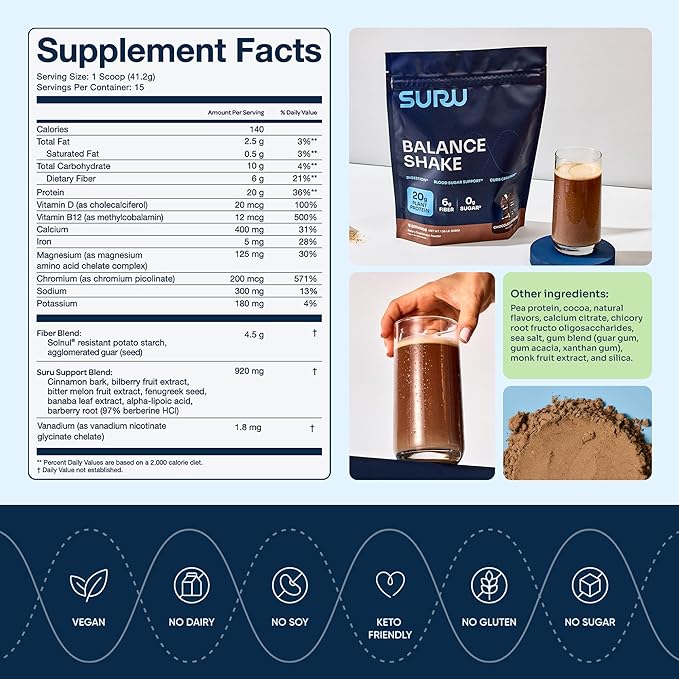 Suru Balance Shake All-in-One w/ 20g Protein, 140 Cal, 6g Fiber, Low Glycemic + Vitamins, Chocolate, 15 Servings