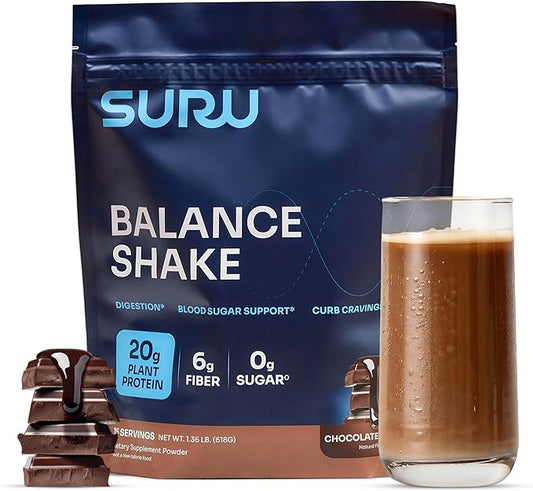 Suru Balance Shake All-in-One w/ 20g Protein, 140 Cal, 6g Fiber, Low Glycemic + Vitamins, Chocolate, 15 Servings