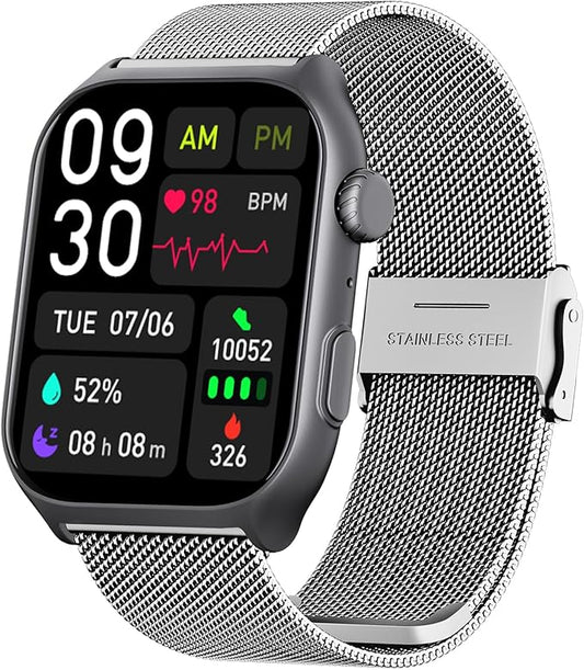 YMS Android Smart Watch for Women - Bluetooth Call,Compatible with Android & iOS,2.0" HD, Heart Rate/Sleep/Step Tracker, 100+ Sports Modes,IP68 Waterproof Men Fitness Tracker (Silver(Milanese))