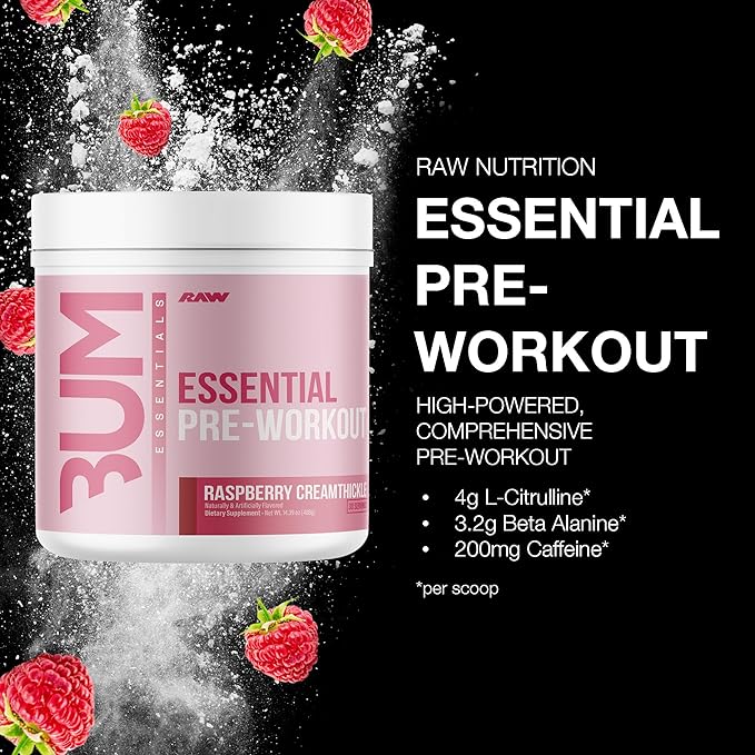 RAW Essential Pre-Workout Powder (Rathberry Creamthickle) - Chris Bumstead Sports Supplement for Men & Women - Preworkout Energy Powder with Caffeine, L-Citrulline, L-Tyrosine, & Beta Alanine Blend