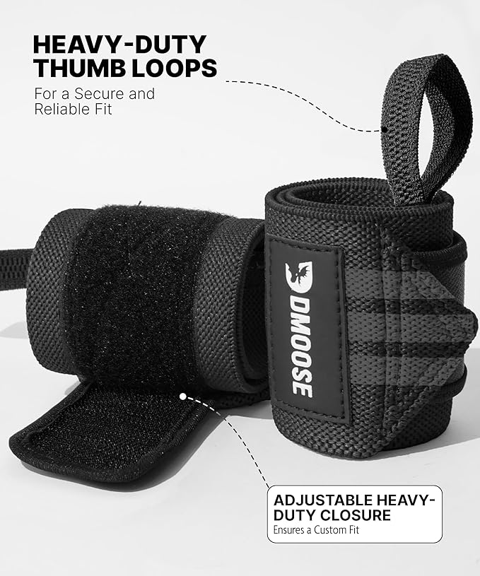DMoose Fitness Wrist Wraps for Weightlifting 18" - Heavy Duty Gym Wrap with Hand Thumb Loop for Support & Pain Relief, USPA Approved Powerlifting, Weight Lifting Wrist Straps for Men & Women Work Out