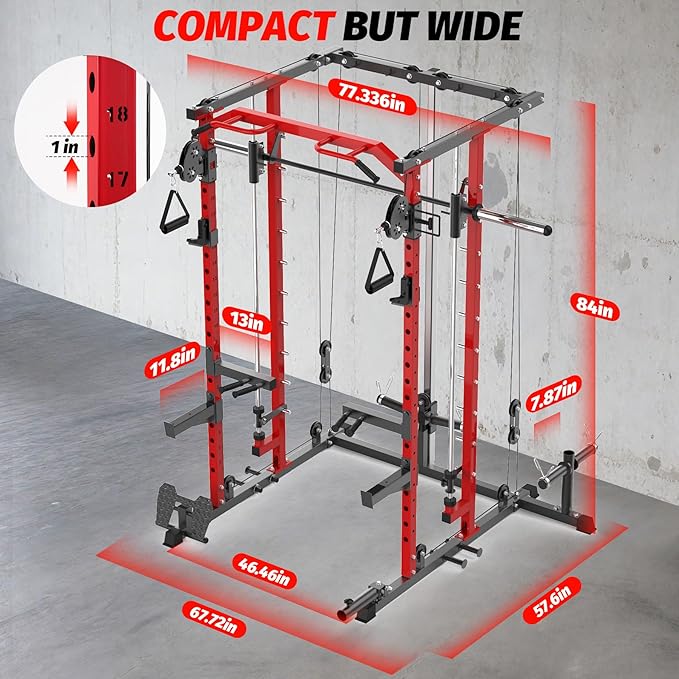 GarveeLife Power Cage, Smith Machine Squat Rack, Heavy Duty Power Rack for Home Gym with Pulley System, Dip Bar, LAT Pulldown, Multifunctional Squat Rack for Home Gym