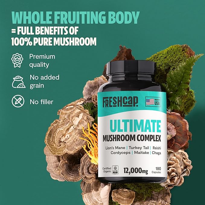 FreshCap Ultimate Mushroom Supplement 12,000mg - Nootropic Complex Capsules, Organic Mushroom Immune Support, Brain Supplements for Memory and Focus, Ayurveda Nootropic (180 Capsules)