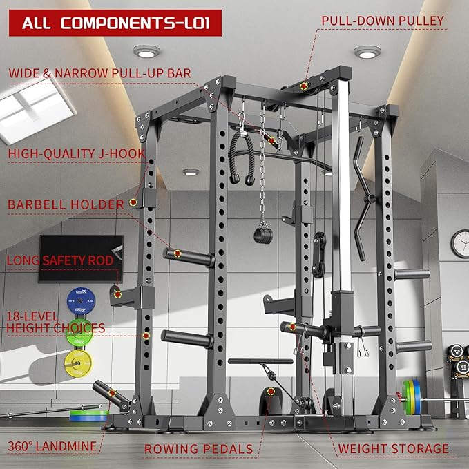 Power Cage Multi-Function Power Rack with Cable Crossover System,1800 LBS Capacity Squat Rack with Weight Bench,for Home Gym