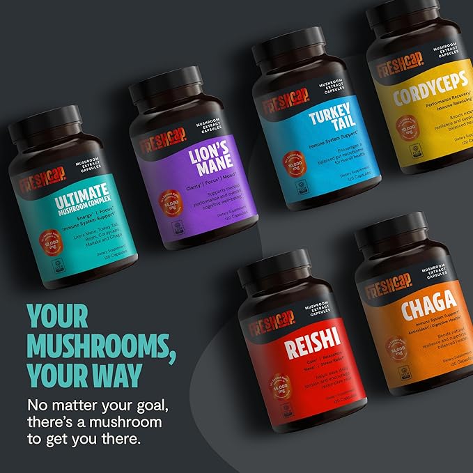 FreshCap Mushrooms Ultimate Mushroom Supplement 12,000mg - Nootropic Mushroom Complex Capsules, Organic Mushrooms Supplement, Nootropic Brain Supplements for Memory and Focus Ayurveda (60 Capsules)