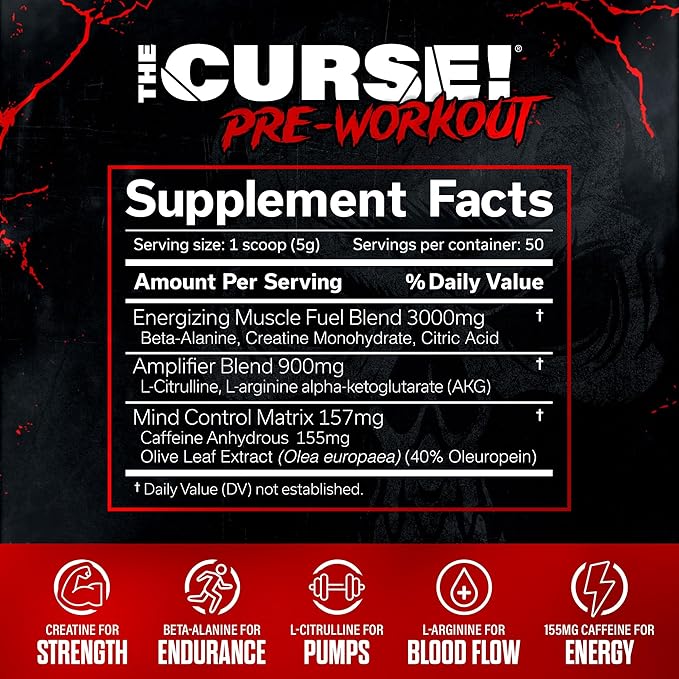 JNX SPORTS The Curse! Pre Workout Powder for Men & Women, Caffeine, Beta-Alanine, Creatine, L-Citrulline, 50 Servings, Dark Grape Flavor – Boost Energy, Strength & Focus