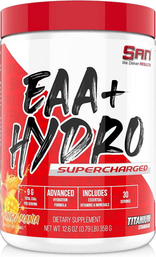 SAN EAA Hydration | EAAs + BCAA| Muscle Recovery & Intra | 9G Essential Amino Acids + Electrolytes | Mango Mania 30 Serving