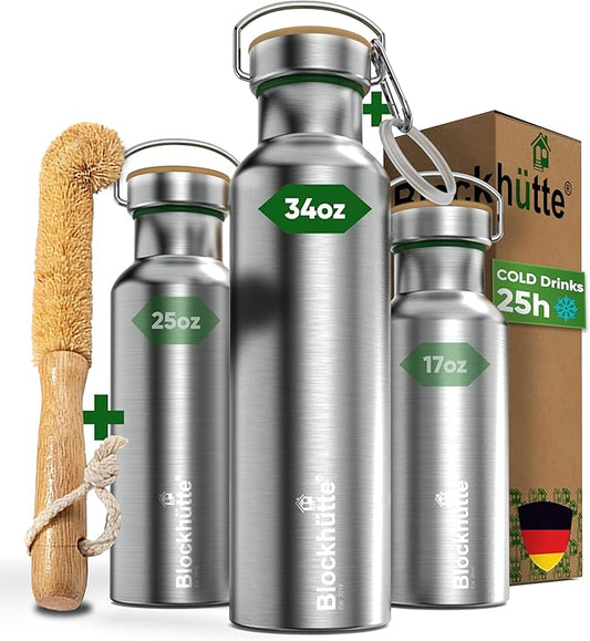 Blockhütte Vacuum Insulated Stainless Steel Water Bottle - 34 oz | Wide Mouth Insulated Metal Bottle for Cold Drinks | Perfect for Travel, School, Kids, Adults, Water Canteen, BPA-Free