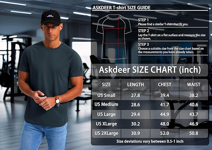 Askdeer Men's T-Shirt Short Sleeve Quick Dry Shirts Lightweight Workout Athletic Tees for Running, Beach, Hiking