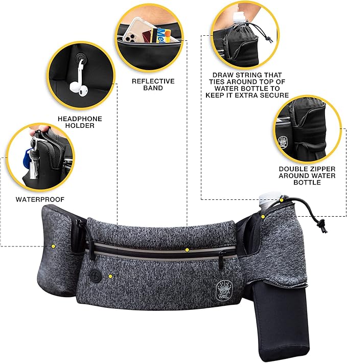 Running Belt with Water Bottle Holder - Waist Bag With Extender for Jogging, Hiking, Cycling, Walking - Dog Walker Hydration Fanny Pack - Sport Pouch iPhone Carrier for Women and Men - Gray