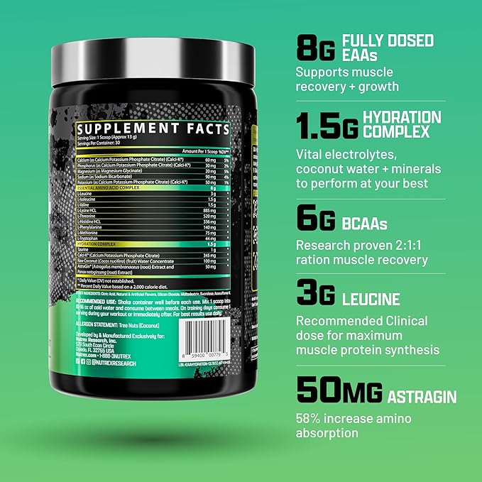 Nutrex Research EAA Hydration | EAAs + BCAAs Powder | Muscle Recovery, Strength, Muscle Building, Endurance | 8G Essential Amino Acids + Electrolytes | Maui Twist Flavor 30 Serving