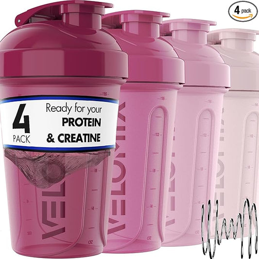VELOMIX -4 PACK- 20 OZ Protein Shaker Bottles for Protein Mixes, Shaker Cups for Protein Shakes, Small Shaker Bottle Pack, Shaker Cup, Shakers for protein Shakes (Berry Blend)