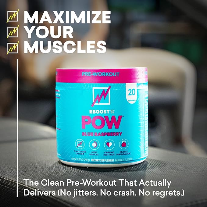 EBOOST POW Natural Pre Workout Powder – 20 Servings - Blue Raspberry - A PreWorkout Supplement for Performance, Joint Mobility Support, Energy - Men and Women - Non-GMO, Gluten-Free, No Creatine